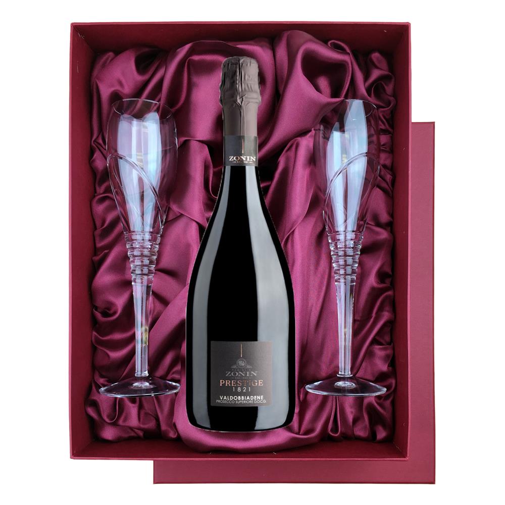 Zonin Cuvee Prestige 1821 Prosecco DOCG Extra Dry in Red Luxury Presentation Set With Flutes